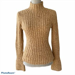 Elie Tahari Tan Speckled Mock Neck Fitted Sweater